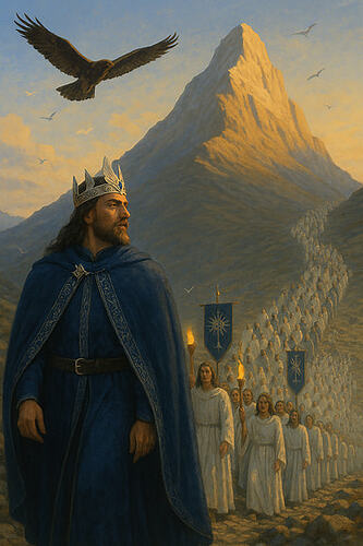 Illustration épique du roi de Númenor guidant son peuple dans l’ascension rituelle du Meneltarma. Aube dorée éclairant la montagne sacrée, procession silencieuse en vêtements blancs et gris. Le roi en manteau bleu nuit brodé d’argent, couronne d’or blanc. Pente rocheuse claire, atmosphère solennelle. Dans le ciel, un grand aigle majestueux plane au-dessus de la scène, symbole de la présence bienveillante des Valar. Style semi-réaliste inspiré de John Howe et Ted Nasmith.