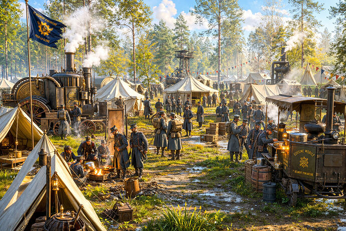 Camp militaire steampunk sous le soleil